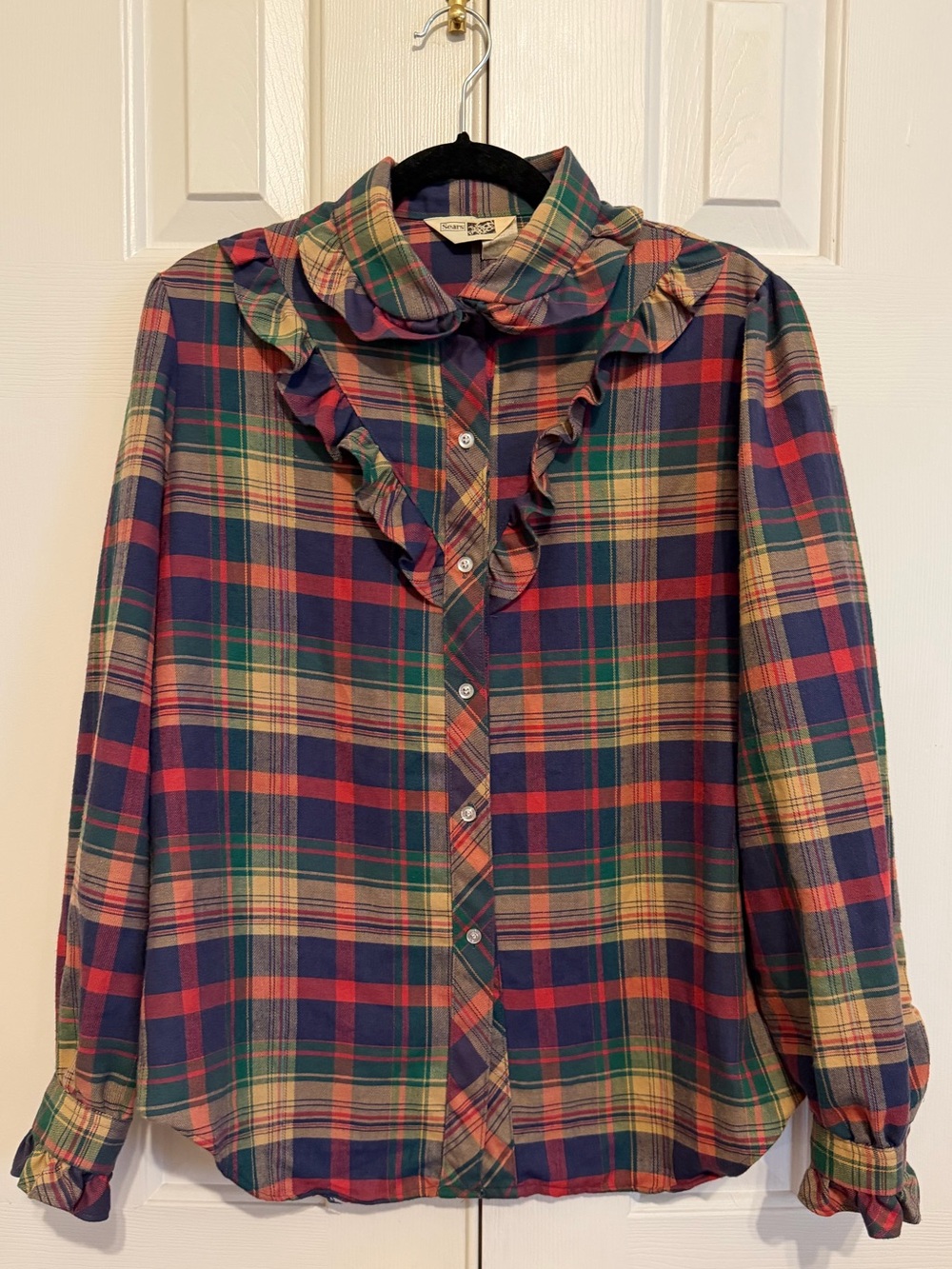 Vintage 70's Plaid Ruffle Collar Women's L Button Up Cotton Blouse - Picture 6 of 11